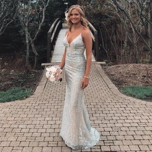 V-Neck Embellished Prom Dress  (champagne/silver)